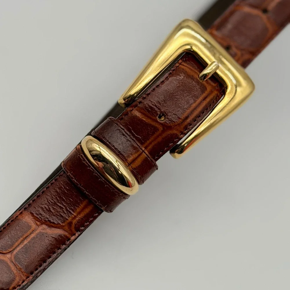 Jacqueline Ferrar Brown Croc Embossed Leather Belt Gold Buckle Made in Italy L